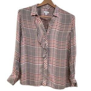 J Jill Petite Small Plaid Button Front Blouse Rayon Lightweight Career Casual